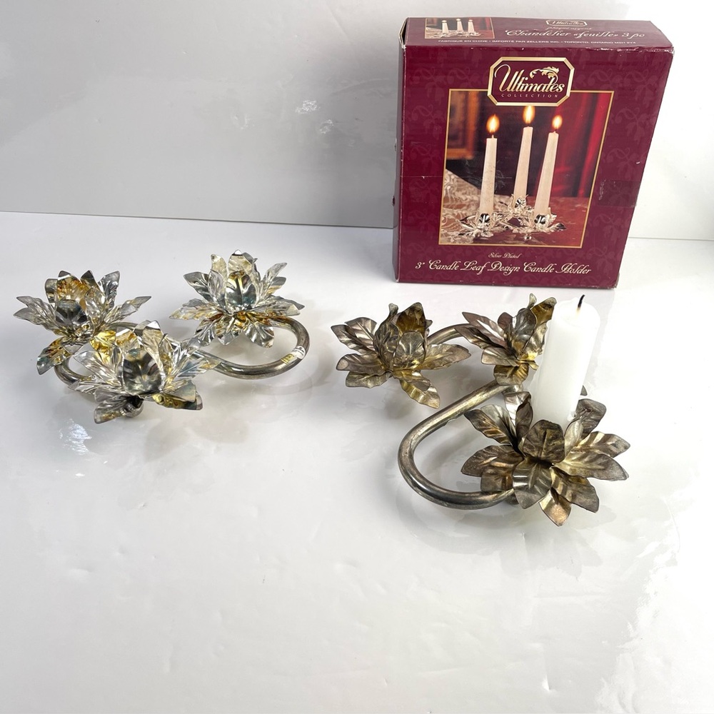 Vintage Christmas candle stick holder set silver plated poinsettia lotus flower